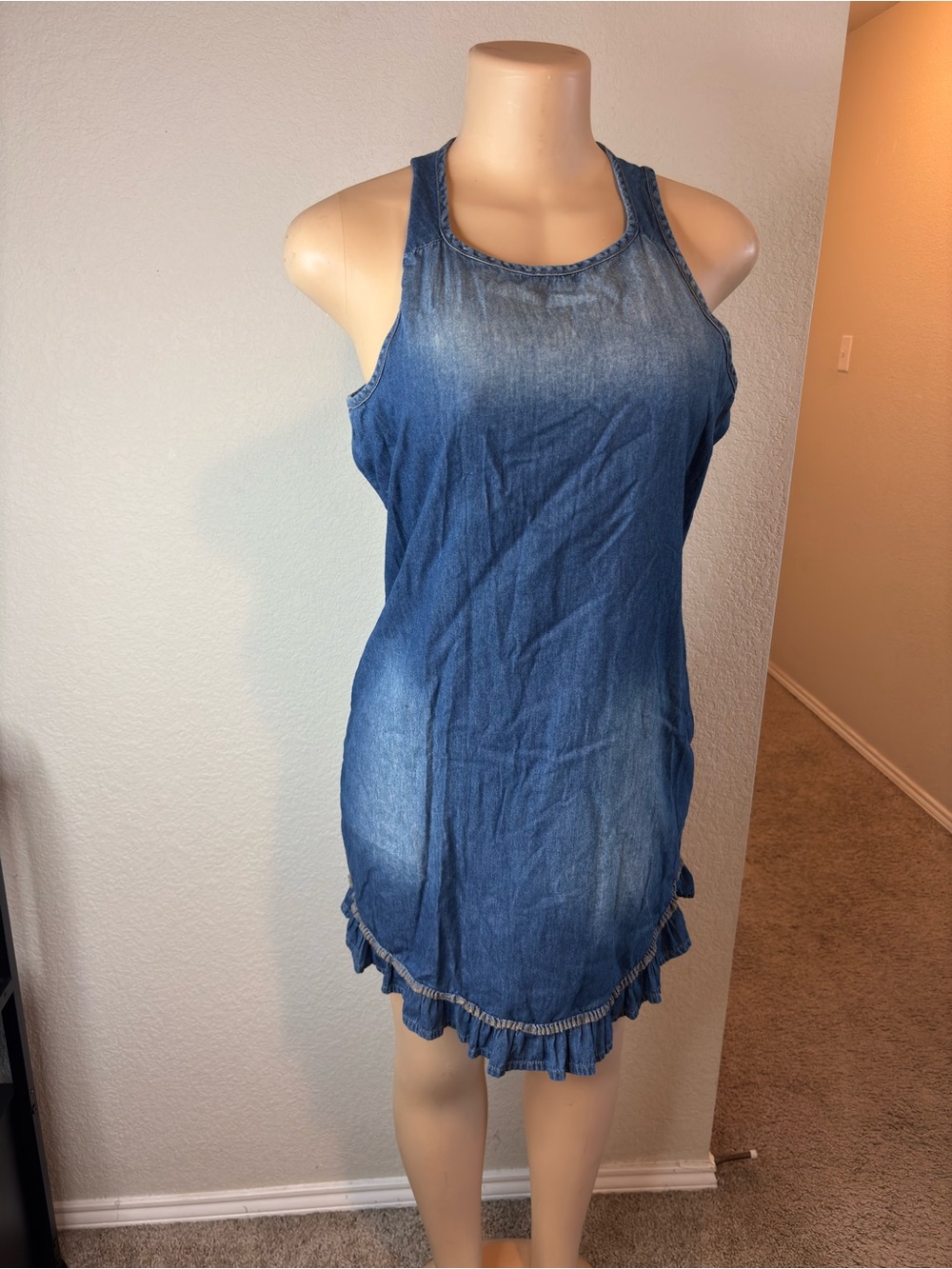 Denim Blue Racerback Mini Dress with Ruffle Hem